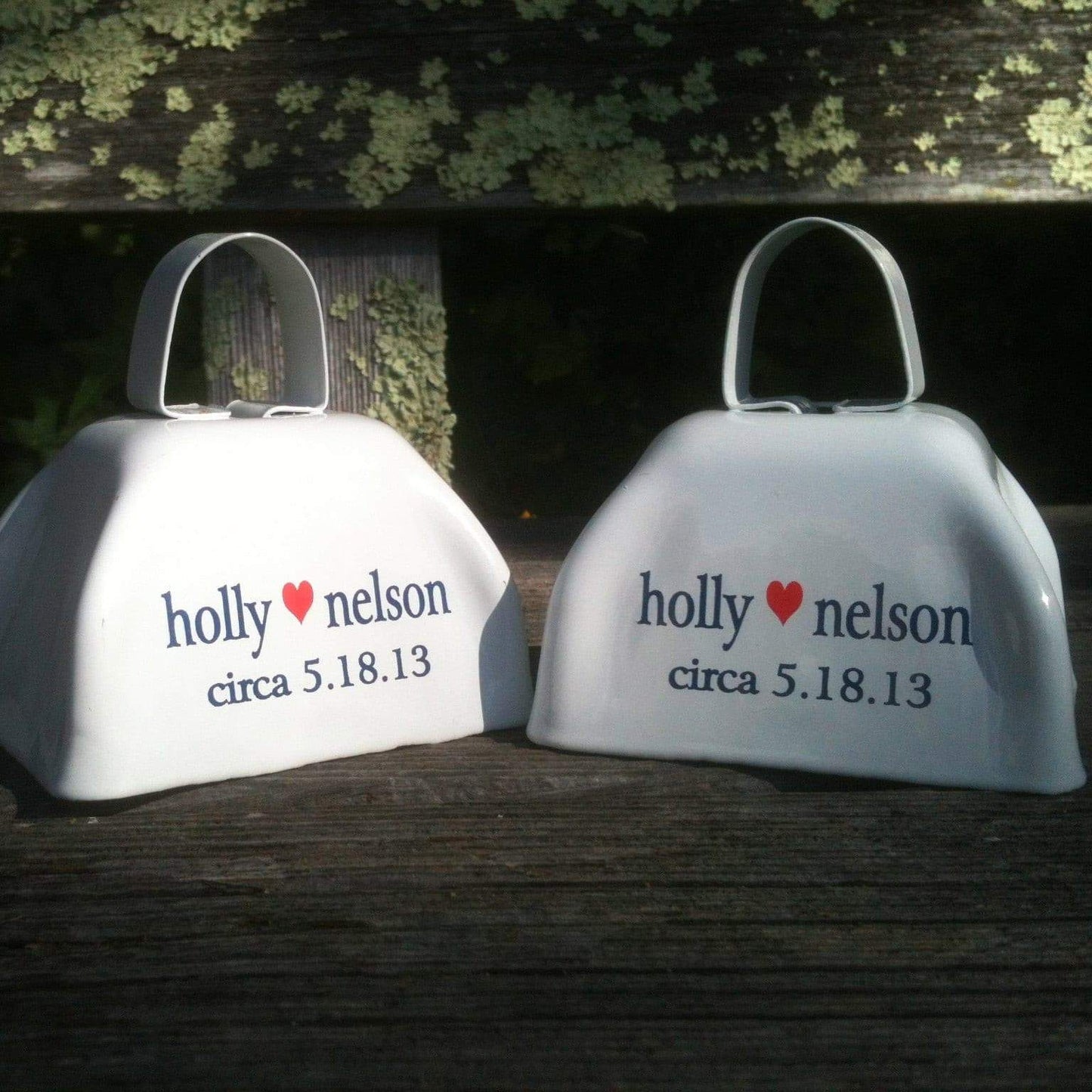 Imprinted wedding cowbells with bride and groom's names